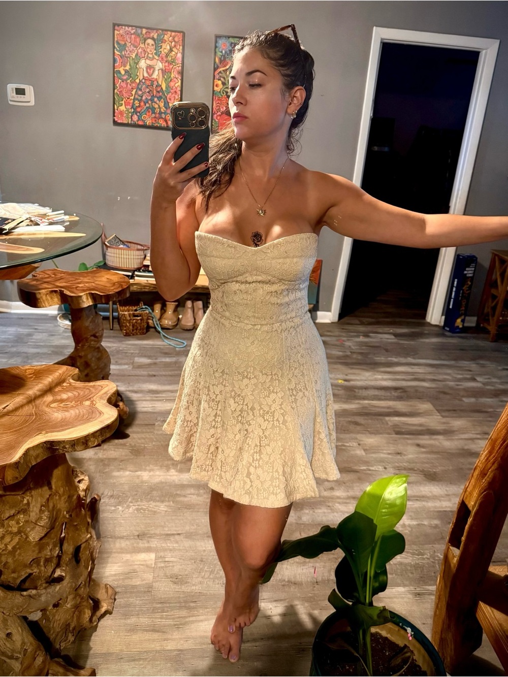 BCBGMaxAzria Strapless Lace Fit-and-Flare Dress in Cream